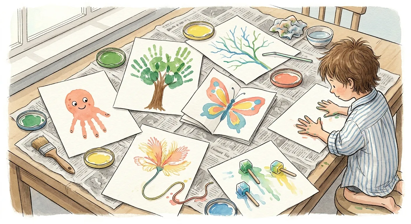 Ilustração em aguarela: mesa forrada com jornal e trabalhos de pintura sem pincel — mão pintada transformada em polvo, árvore de mãos verdes, ramos de pintura soprada com a palhinha, borboleta simétrica na folha dobrada, flor feita com fio e cubos de gelo colorido em pauzinhos — enquanto uma criança de camisa velha pressiona as mãos pintadas numa folha.