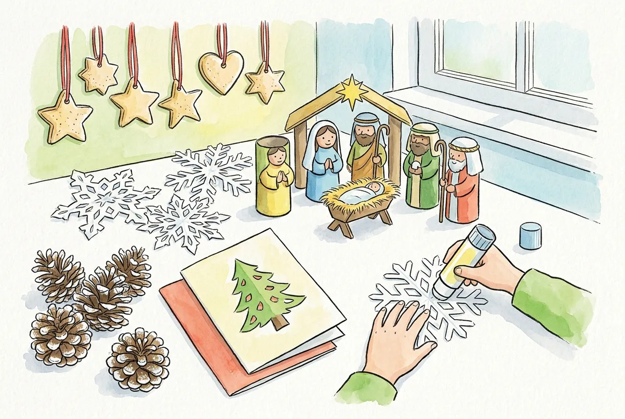 Ilustração em aguarela: mesa de trabalhos manuais de Natal com enfeites de massa de sal pendurados em fitas, flocos de neve de papel, pinhas pintadas, um presépio de rolos de cartão e um postal com árvore, e mãos de criança a colar um floco.
