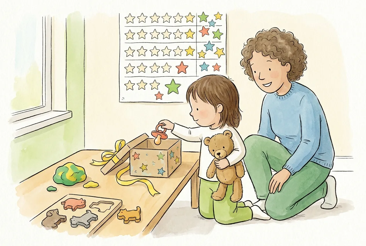 Ilustração em aguarela: uma criança com um urso de peluche debaixo do braço deixa a chupeta dentro de uma caixa de cartão decorada com estrelas e uma fita amarela, enquanto a mãe, ajoelhada ao lado, sorri; na parede há um quadro de estrelas e na mesa estão plasticina e um puzzle de madeira com animais.