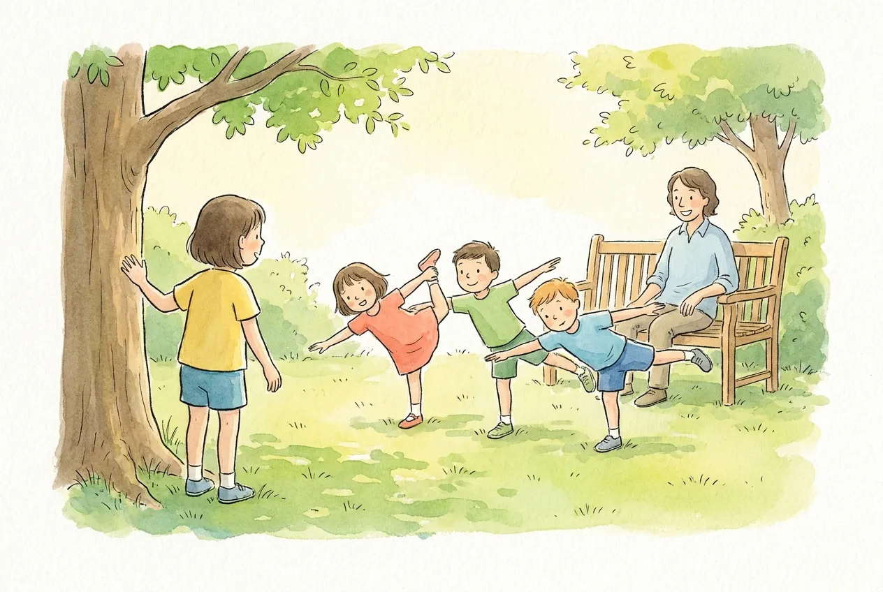 Ilustração em aguarela: num jardim, uma menina encostada a uma árvore vira-se para trás enquanto três crianças ficam paradas como estátuas, equilibradas numa perna e de braços abertos, no jogo do macaquinho do chinês; um adulto assiste sentado num banco.