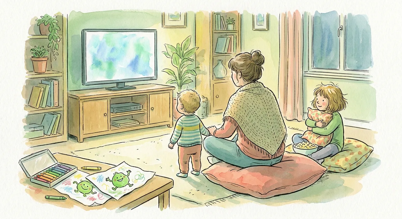 Ilustração em aguarela: tarde de cinema em casa vista de trás, com uma mãe sentada numa almofada no chão a dar a mão a uma criança pequena e uma irmã mais velha abraçada a uma almofada com uma taça de pipocas, diante de um televisor com o ecrã em manchas de luz azul e verde; em primeiro plano, uma mesa baixa com lápis de cera e dois desenhos de uma criatura verde sorridente inventada pela criança.