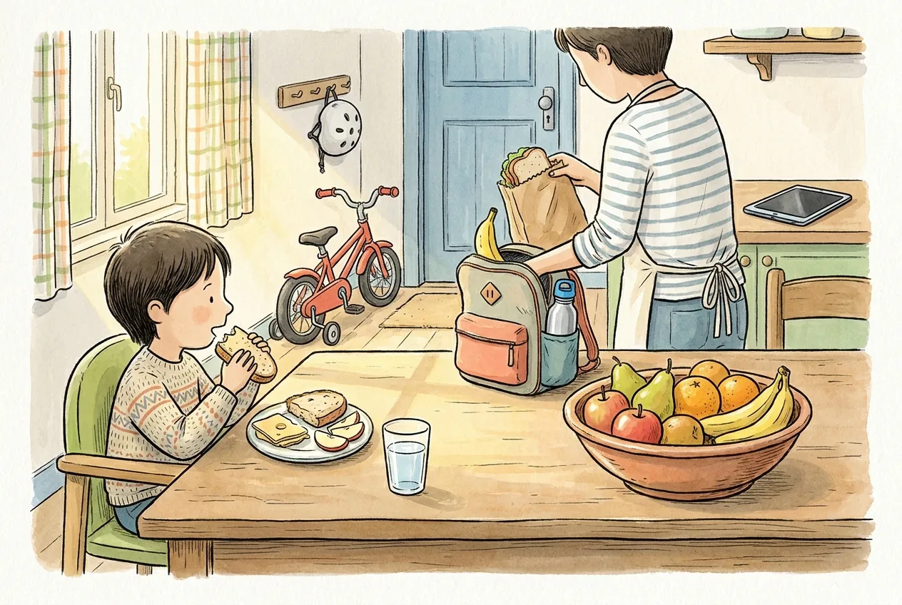 Ilustração em aguarela: na cozinha, de manhã, uma criança come pão ao pequeno-almoço com queijo, maçã às fatias e um copo de água, junto a uma taça com maçãs, peras, laranjas e bananas, enquanto um adulto põe o lanche e uma banana na mochila da escola, que leva uma garrafa de água no bolso; junto à porta estão uma bicicleta e um capacete.