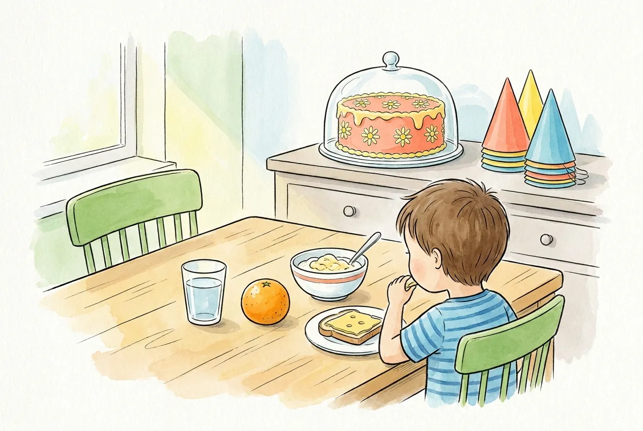 Ilustração em aguarela: um rapaz, de costas, lancha à mesa da cozinha um copo de água, uma laranja, uma taça de iogurte e uma tosta com queijo. Ao fundo, num aparador, um bolo de anos decorado espera debaixo de uma campânula de vidro, ao lado de chapéus de festa empilhados.