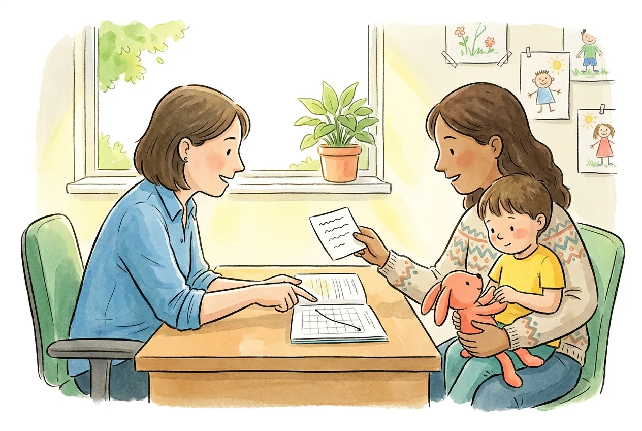 Ilustração em aguarela: num consultório com uma planta à janela e desenhos de crianças na parede, uma mãe com o filho ao colo mostra à médica uma folha com as perguntas que trouxe escritas, enquanto a médica aponta para uma curva desenhada numa grelha do boletim aberto na secretária; a criança segura um coelho de peluche cor de coral.