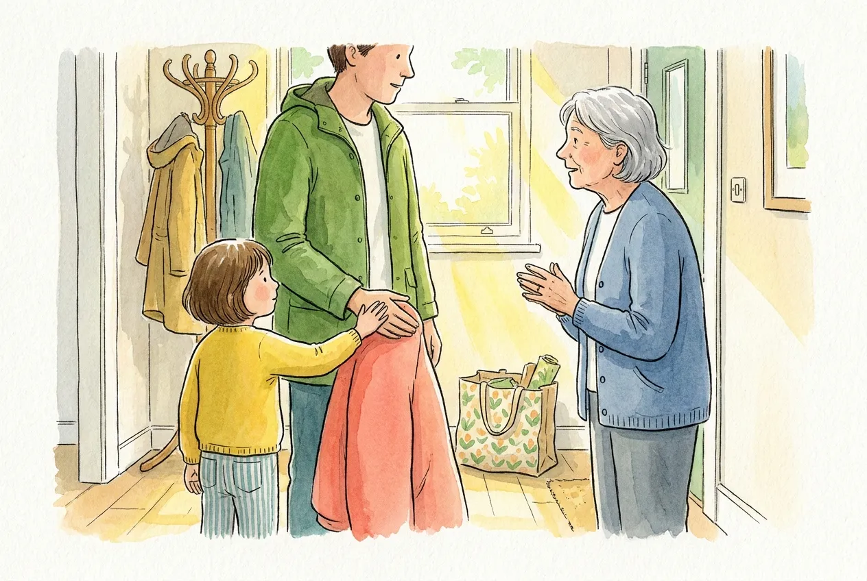 Ilustração em aguarela: no hall de entrada, uma menina pousa a mão no braço do pai enquanto ele conversa com uma vizinha de cabelo branco, e o pai responde pousando a mão sobre a dela, sem interromper a conversa; atrás há um bengaleiro com casacos e um saco de compras no chão.