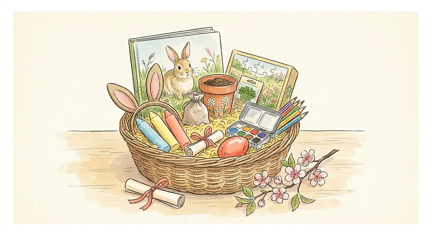 Ilustração em aguarela: cesto de vime de Páscoa sobre palha de papel amarela, com um livro de capa ilustrada com um coelho, um vaso de barro pintado com flores e um saquinho de terra, um pacote de sementes de agrião, um puzzle de prado, uma bandolete com orelhas de coelho, três gizes grossos, uma caixa de aguarelas, lápis de cor, vales enrolados atados com fita e um único ovo de chocolate em papel cor de coral; ao lado, um ramo de flor de cerejeira.