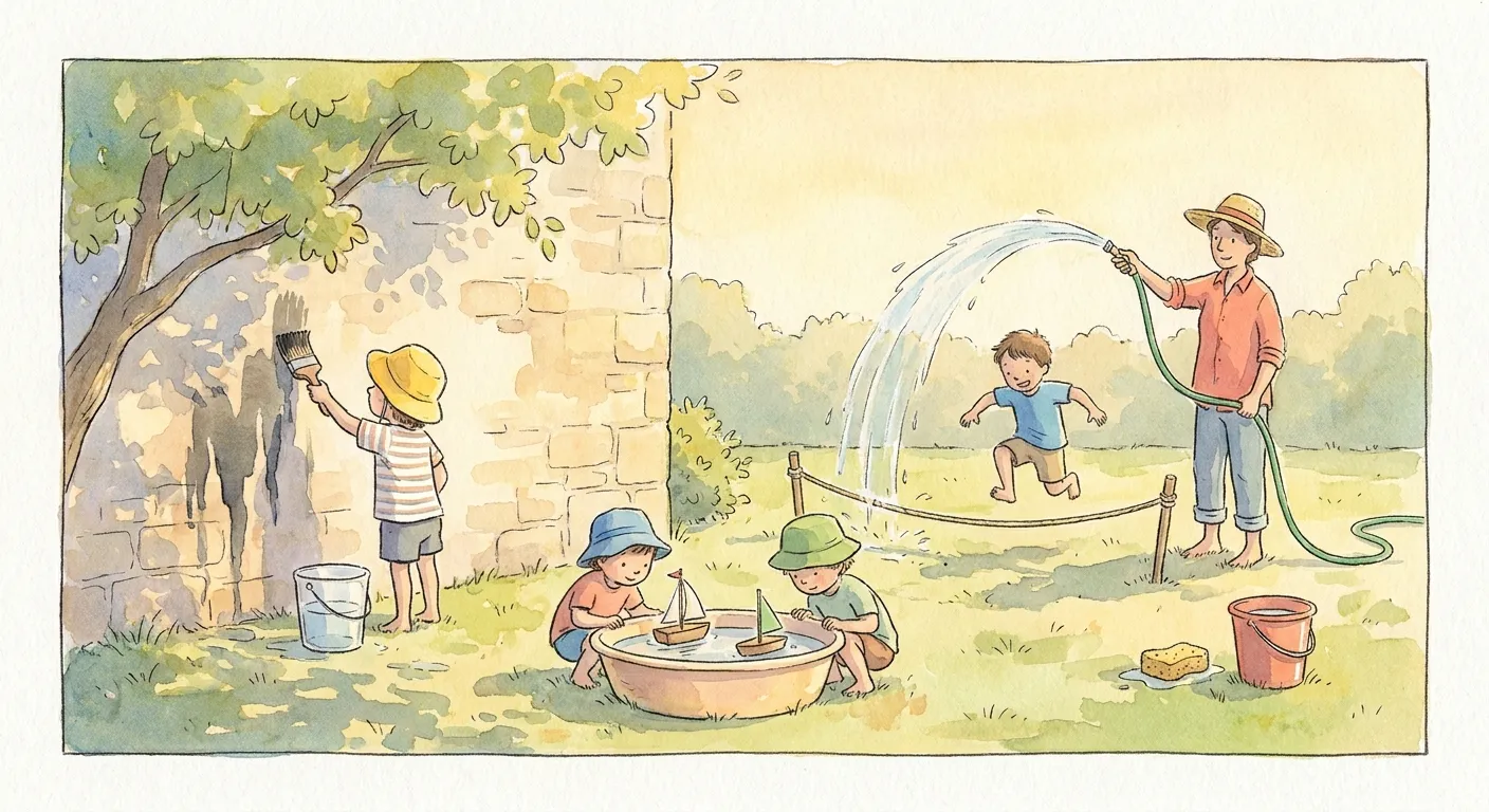 Ilustração em aguarela: brincadeiras de água num jardim ao fim da tarde — uma criança pinta o muro só com água e pincel, duas crianças põem barquinhos a flutuar numa bacia e outra salta por cima de uma corda sob o arco de água da mangueira, segurada por um adulto de chapéu que vigia a brincadeira.