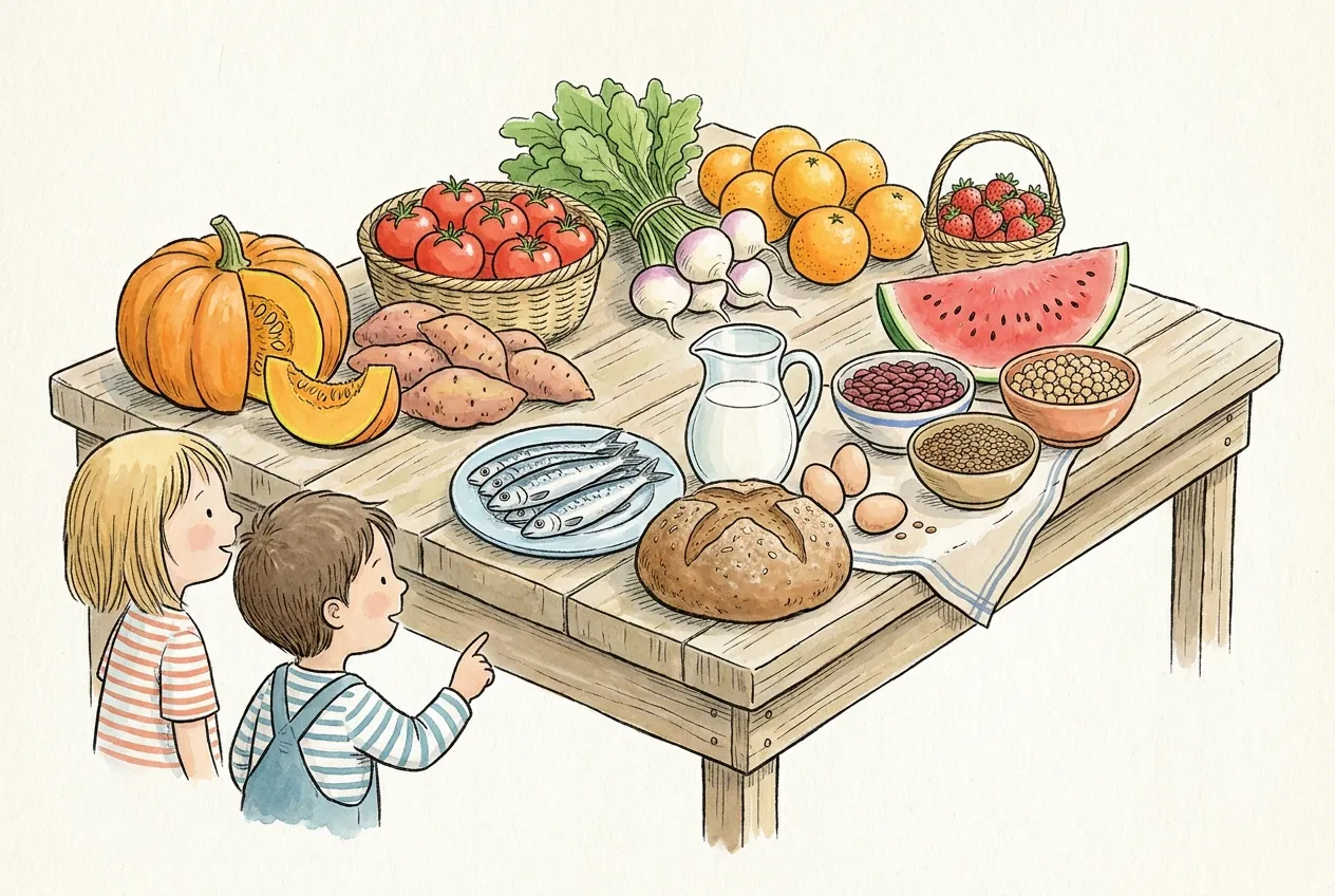 Ilustração em aguarela: uma mesa de mercado com abóbora, batata-doce, tomates, nabos, laranjas, morangos, uma fatia de melancia, taças de feijão, grão-de-bico e lentilhas, um jarro de leite, ovos, um prato de sardinhas e um pão de mistura. Duas crianças, de lado, olham e apontam para os alimentos.
