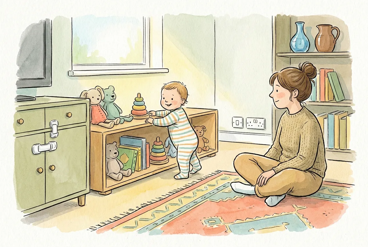 Ilustração em aguarela: um bebé de babygrow às riscas, de pé apoiado numa estante baixa com peluches, argolas de empilhar e livros, explora a sala enquanto a mãe o observa sentada no tapete; o vaso e o jarro estão na prateleira de cima e o móvel tem trancas de segurança nas portas.