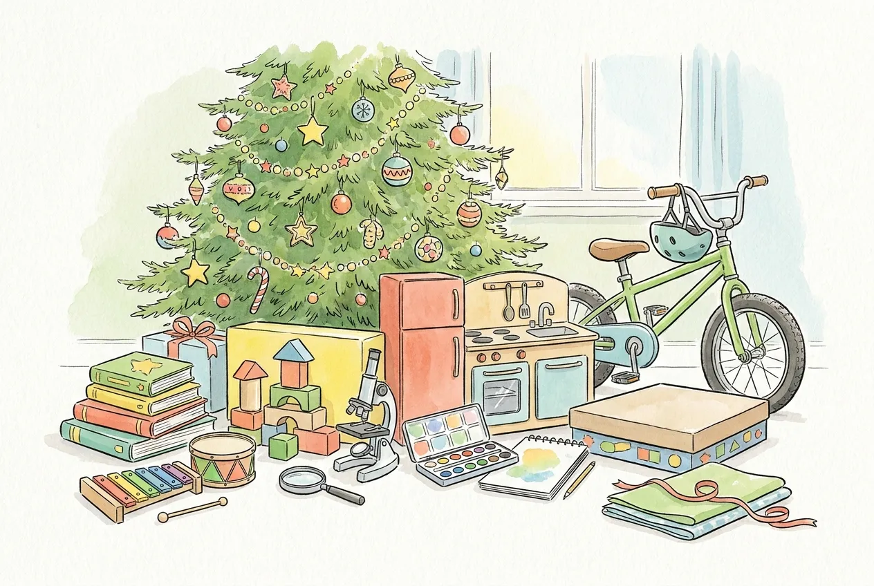 Ilustração em aguarela: prendas para várias idades junto a uma árvore de Natal: blocos de madeira, livros, xilofone, tambor, cozinha de brincar, lupa e microscópio, aguarelas com caderno, um jogo de tabuleiro e uma bicicleta com capacete.