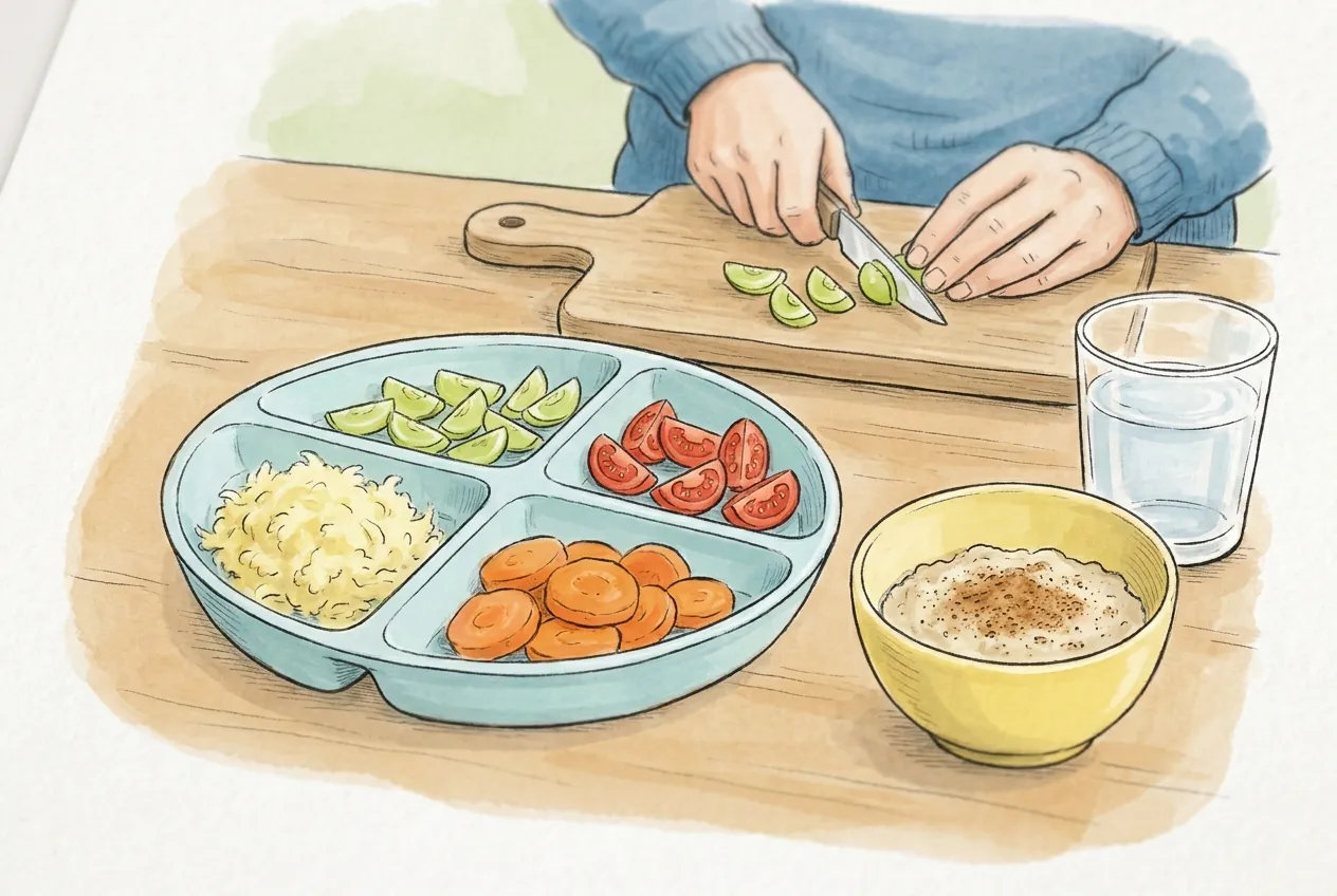 Ilustração em aguarela: um prato infantil com divisórias tem uvas e tomate-cereja cortados em pedaços pequenos, maçã ralada e rodelas de cenoura cozida, ao lado de uma taça de papa polvilhada e de um copo de água. Atrás, as mãos de um adulto cortam uvas em pedaços numa tábua.