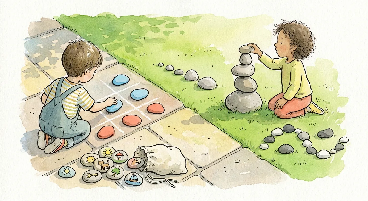 Ilustração em aguarela: duas crianças brincam com pedras lisas no jardim — uma joga ao jogo do galo numa grelha de giz com pedras pintadas de azul e de coral, a outra equilibra uma torre de pedras na relva — com pedras de histórias pintadas com sol, casa, gato, chave, árvore e barco, uma fila da mais pequena à maior e um padrão de pedras claras e escuras.