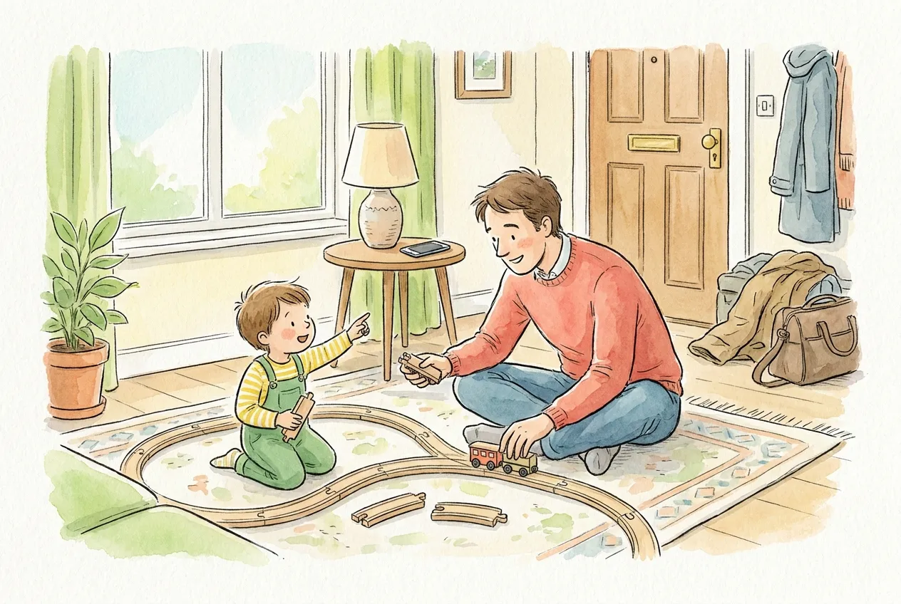 Ilustração em aguarela: com o casaco e a mala ainda junto à porta de entrada, o pai senta-se no tapete da sala e segue a brincadeira do filho pequeno, que lhe aponta onde pôr as peças da pista de comboio de madeira; o telemóvel ficou pousado na mesa de apoio.