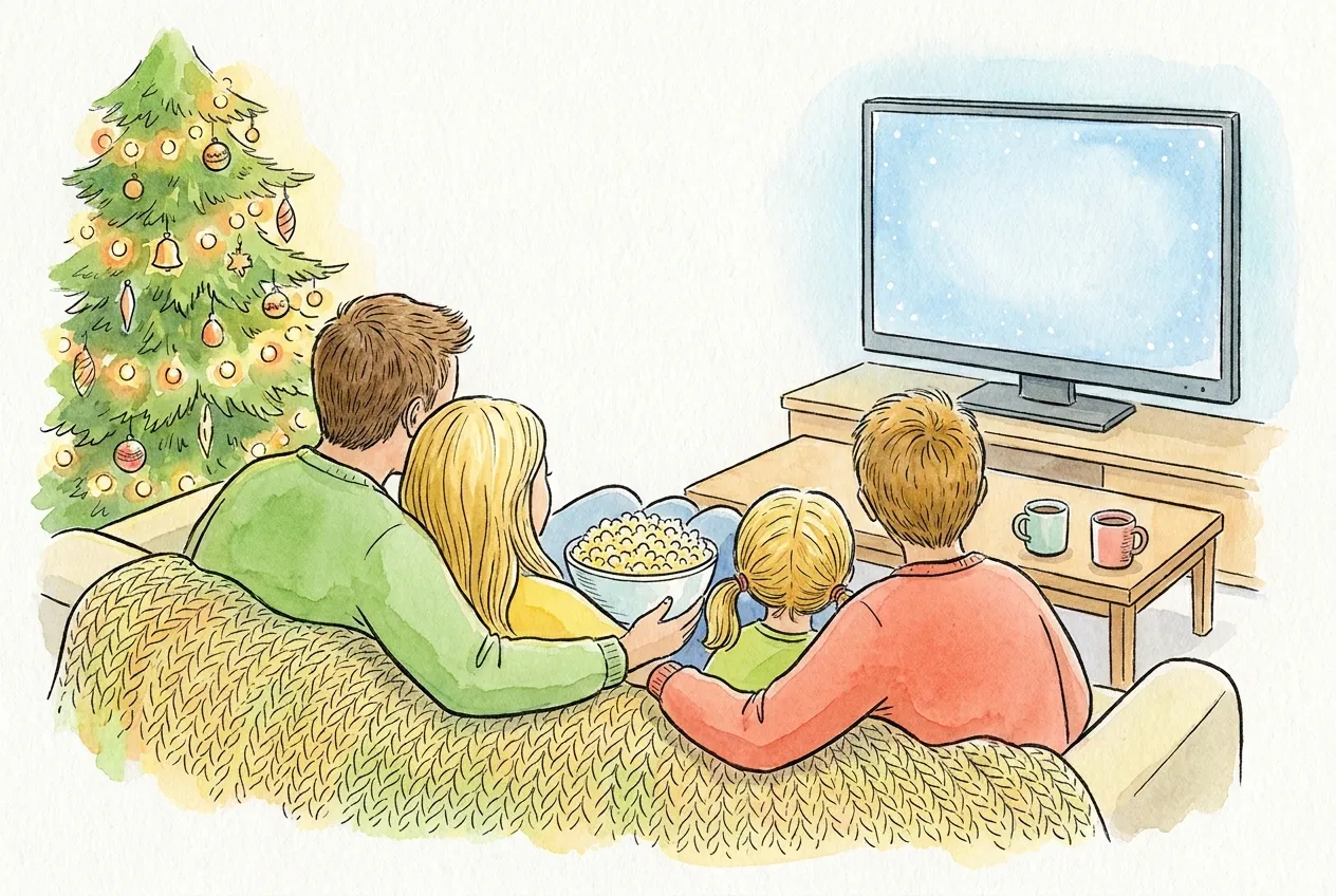 Ilustração em aguarela: uma família vista de costas no sofá, tapada com uma manta de malha e com uma taça de pipocas, a ver televisão ao lado de uma árvore de Natal iluminada.