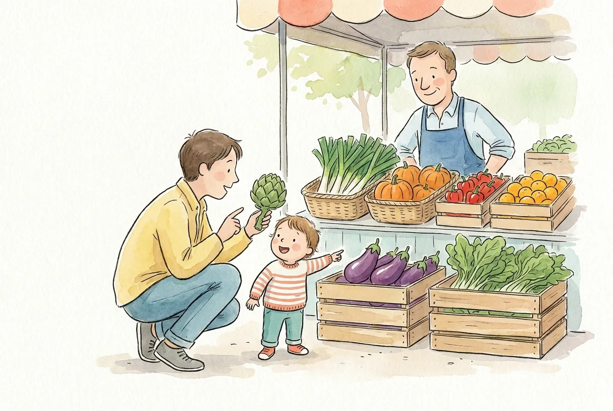 Ilustração em aguarela: numa banca de mercado, o pai agachado mostra uma alcachofa ao filho pequeno, que aponta entusiasmado para as beringelas, entre caixas de alho-francês, abóboras, pimentos vermelhos, laranjas e verduras, com o vendedor a sorrir atrás do balcão.