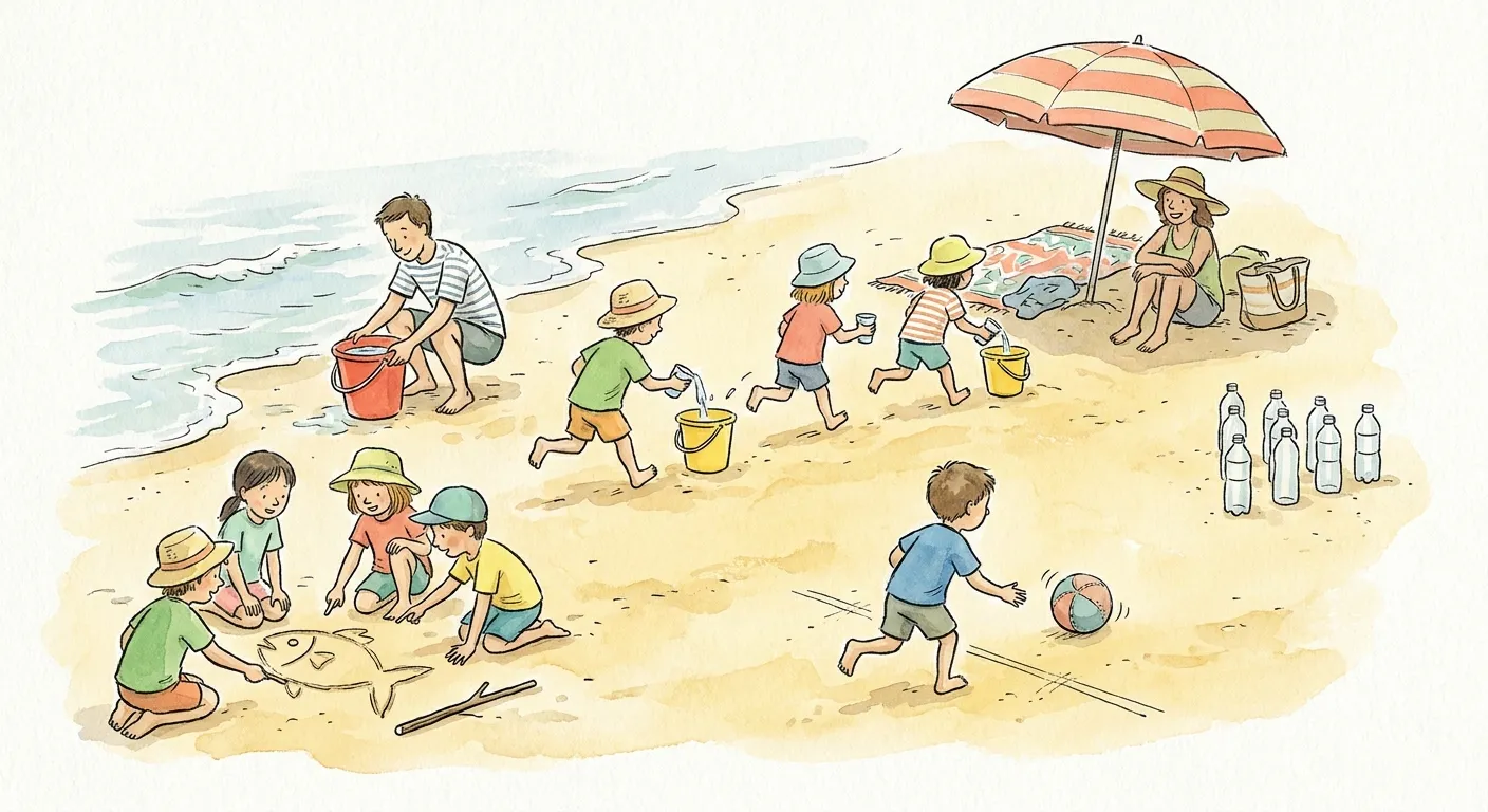Ilustração em aguarela: jogos de praia em grupo — um adulto enche um balde à beira-mar enquanto as crianças correm na areia seca com copos de água para a estafeta dos baldes, outras adivinham um peixe desenhado na areia com um pau, um menino rola a bola para as garrafas do bowling e uma adulta vigia sentada debaixo do guarda-sol.