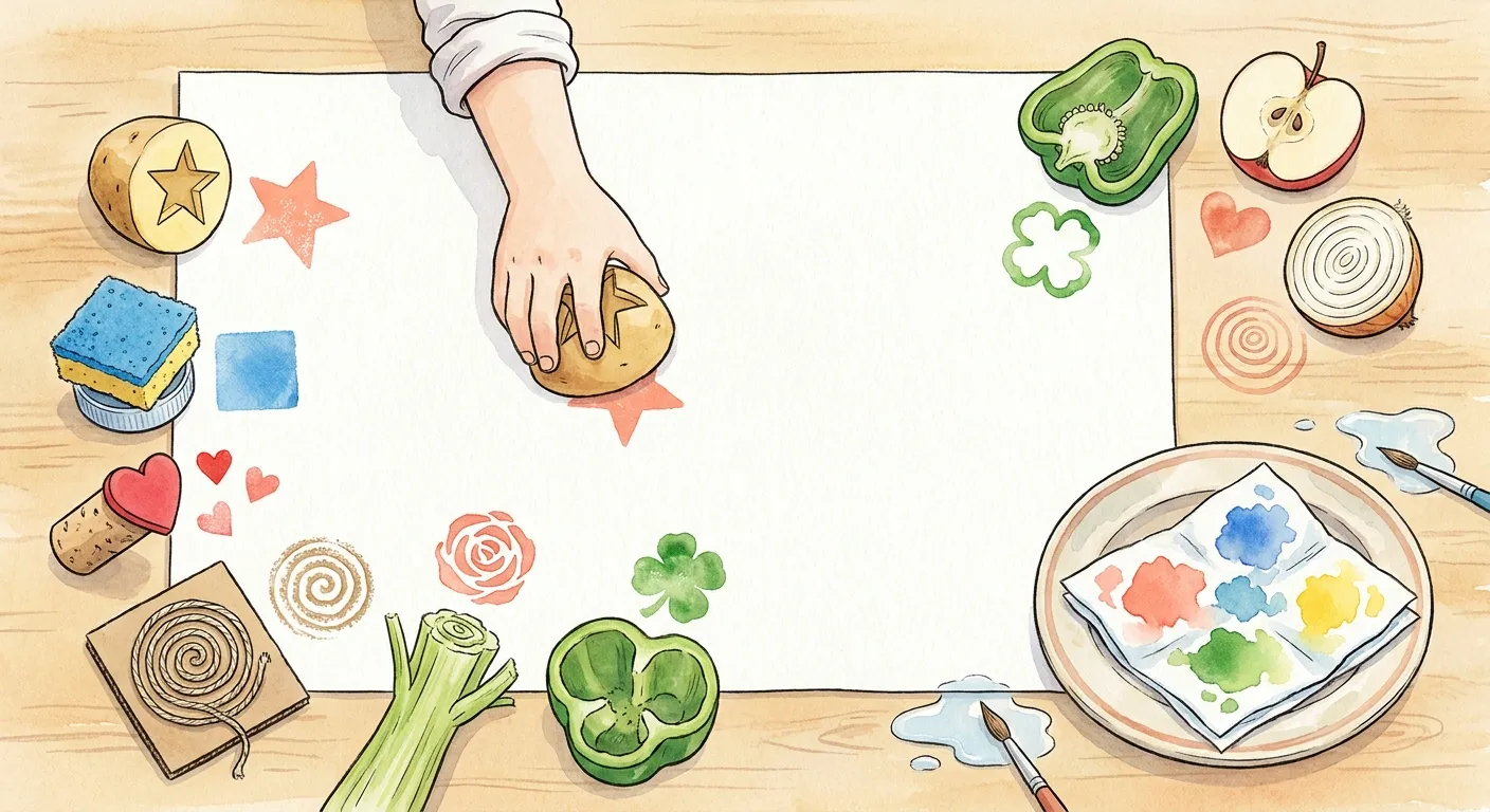 Ilustração em aguarela: vista de cima de uma mesa com carimbos caseiros e as marcas que deixam no papel — batata com estrela em relevo, esponja colada numa tampa, rolha com coração, cordel em espiral num cartão, pimento, base de aipo, maçã e cebola — e um prato com papel de cozinha embebido em tinta a servir de almofada.