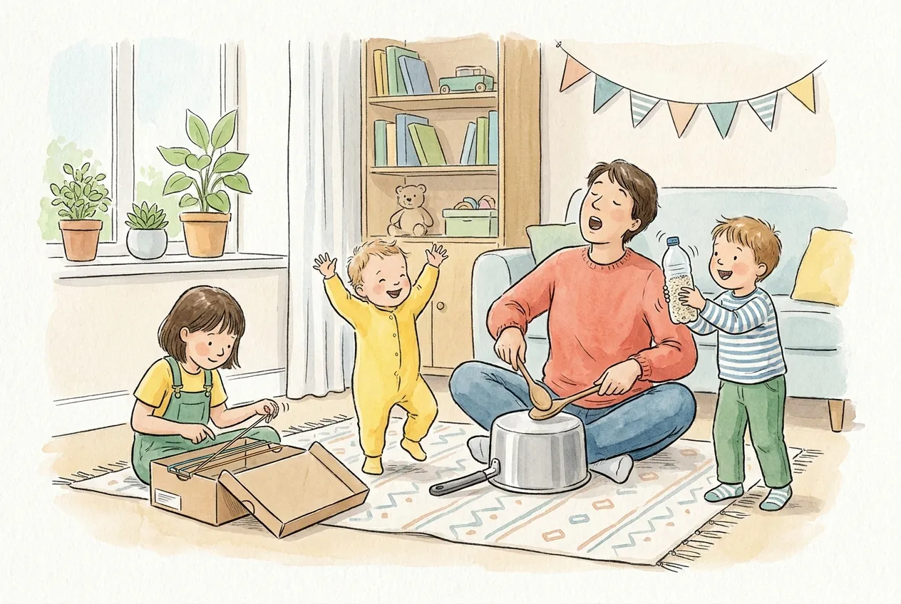 Ilustração em aguarela: no tapete da sala, o pai canta e toca numa panela virada com colheres de pau, uma menina dedilha elásticos esticados sobre uma caixa de cartão, um menino abana uma garrafa com arroz e um bebé de babygrow amarelo dança de braços no ar.