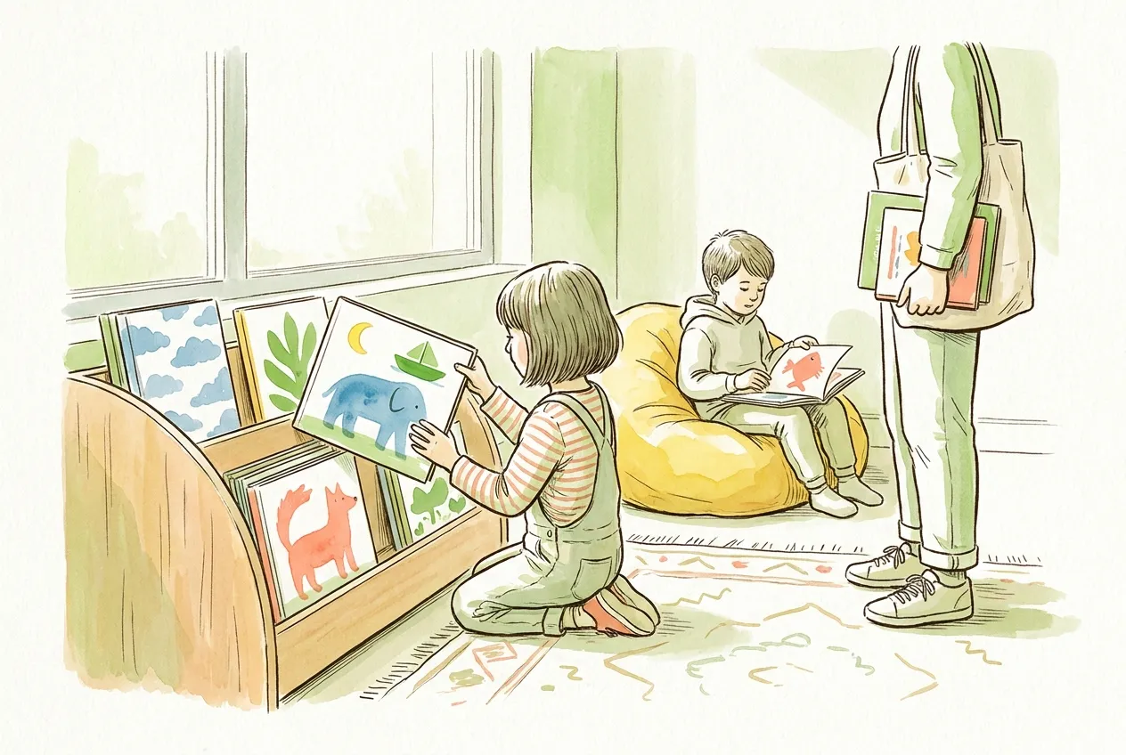 Ilustração em aguarela: na secção infantil de uma biblioteca, uma menina ajoelhada escolhe sozinha um livro ilustrado com um elefante azul num expositor baixo, enquanto um menino lê num pufe amarelo e um adulto espera ao lado com um saco de pano cheio de livros.