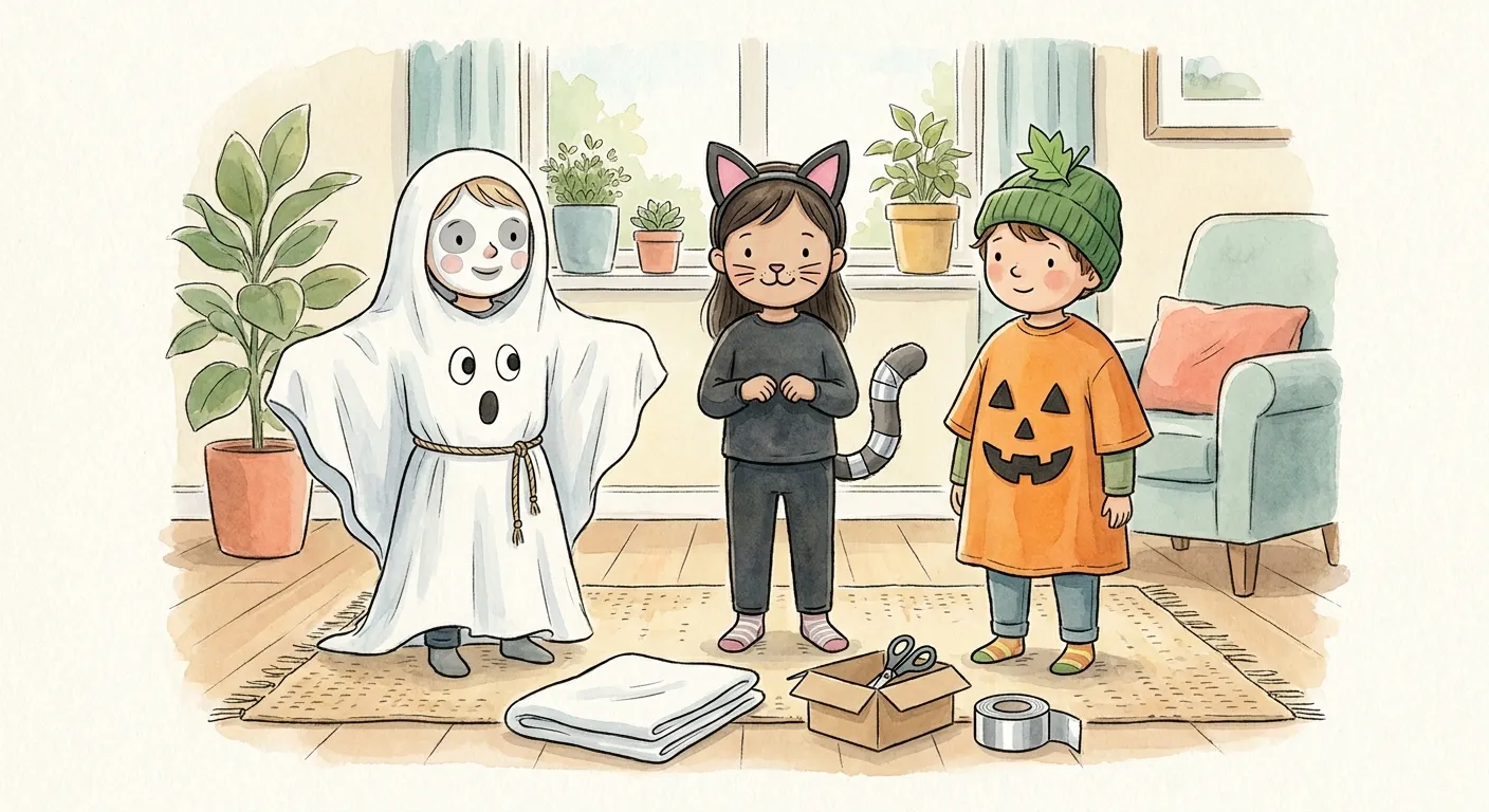 Ilustração em aguarela: três crianças numa sala com fantasias de Halloween caseiras — um fantasma de lençol branco em poncho, com a cara destapada e pintada de branco, olhos e boca desenhados na barriga e um cordão à cintura; um gato preto com orelhas de cartolina na bandolete e cauda com fita refletora; e uma abóbora de t-shirt cor de laranja com cara de feltro preto e gorro verde. No chão, um lençol dobrado, uma tesoura numa caixa e um rolo de fita.