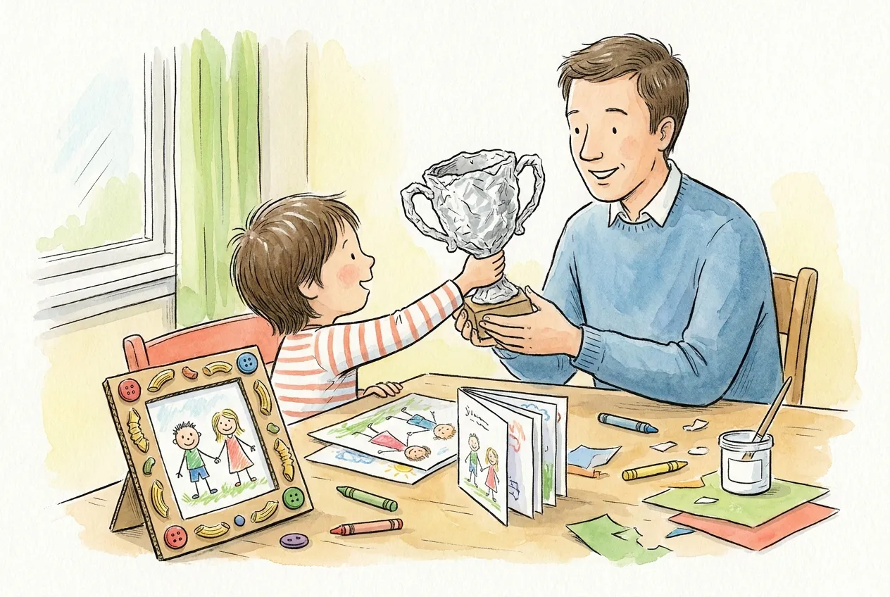 Ilustração em aguarela: uma criança entrega ao pai um troféu feito de papel de alumínio. Na mesa estão uma moldura de cartão decorada com botões e massa seca à volta de um desenho do pai e da criança, um livrinho de folhas desenhadas, lápis de cera e um frasco de cola.