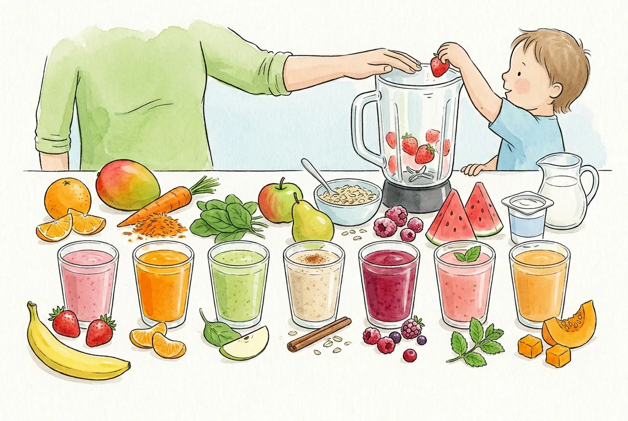 Ilustração em aguarela: sete copos de batido em cores diferentes, de rosa a laranja, alinhados numa bancada entre morangos, banana, laranja, manga, cenoura ralada, espinafres, maçã, pera, flocos de aveia, frutos vermelhos, melancia, hortelã, abóbora, iogurte e leite. Ao fundo, um adulto segura o copo do liquidificador enquanto uma criança deita lá dentro um morango.