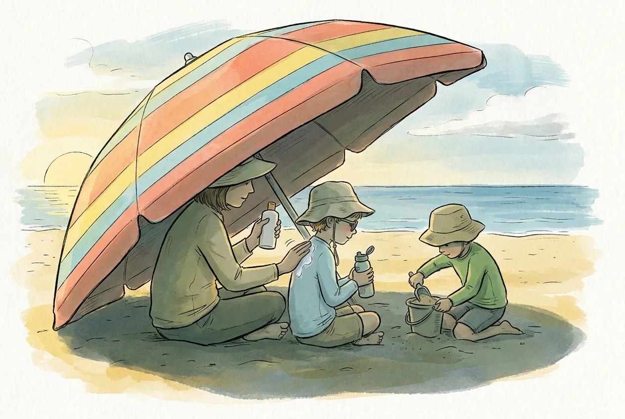 Ilustração em aguarela: na praia, ao fim do dia com o sol já baixo no horizonte, uma mãe sentada à sombra de um guarda-sol às riscas põe protetor solar no pescoço de uma criança de chapéu de abas, óculos de sol e camisola de manga comprida com uma garrafa de água na mão, enquanto outra criança de chapéu e manga comprida enche um balde de areia ao lado.