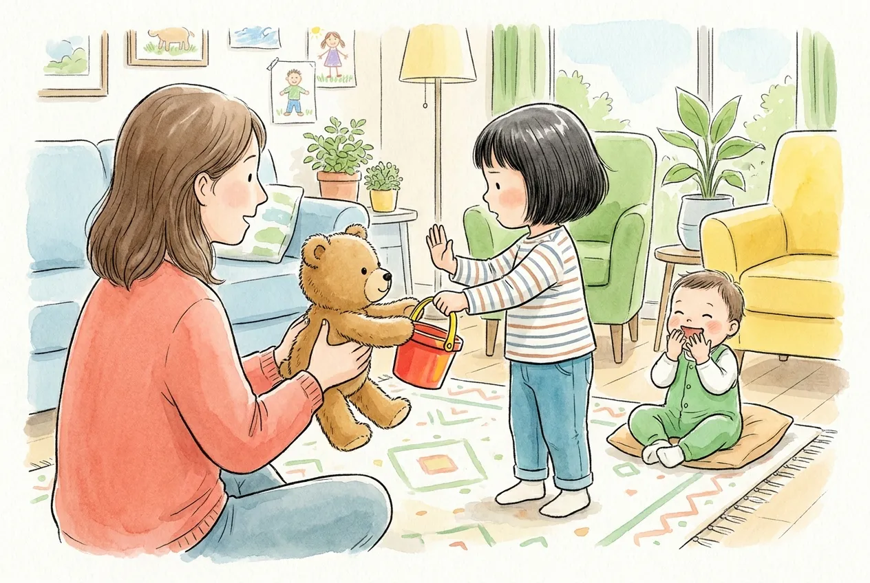 Ilustração em aguarela: no tapete da sala, a mãe faz de conta que um urso de peluche tira um balde vermelho a uma menina, que ergue a mão aberta num gesto firme de «para» e segura a asa do balde; um bebé sentado numa almofada ri-se a assistir.