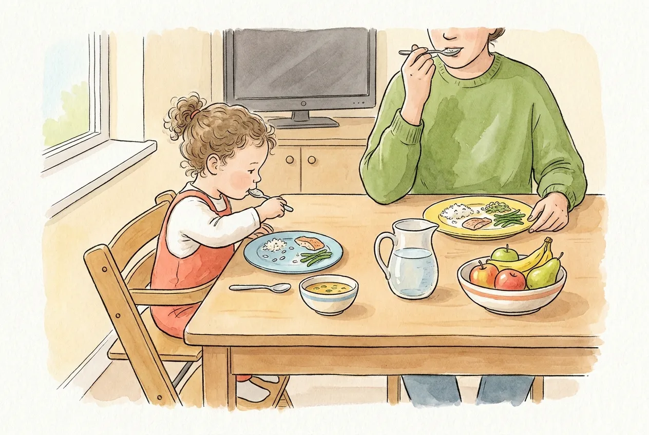Ilustração em aguarela: uma criança pequena numa cadeira alta come sozinha com uma colher uma porção pequena de arroz, peixe e feijão-verde, com uma tigela de sopa à frente. Ao lado, um adulto come a mesma refeição num prato maior, com um jarro de água e uma taça de fruta na mesa e a televisão desligada ao fundo.