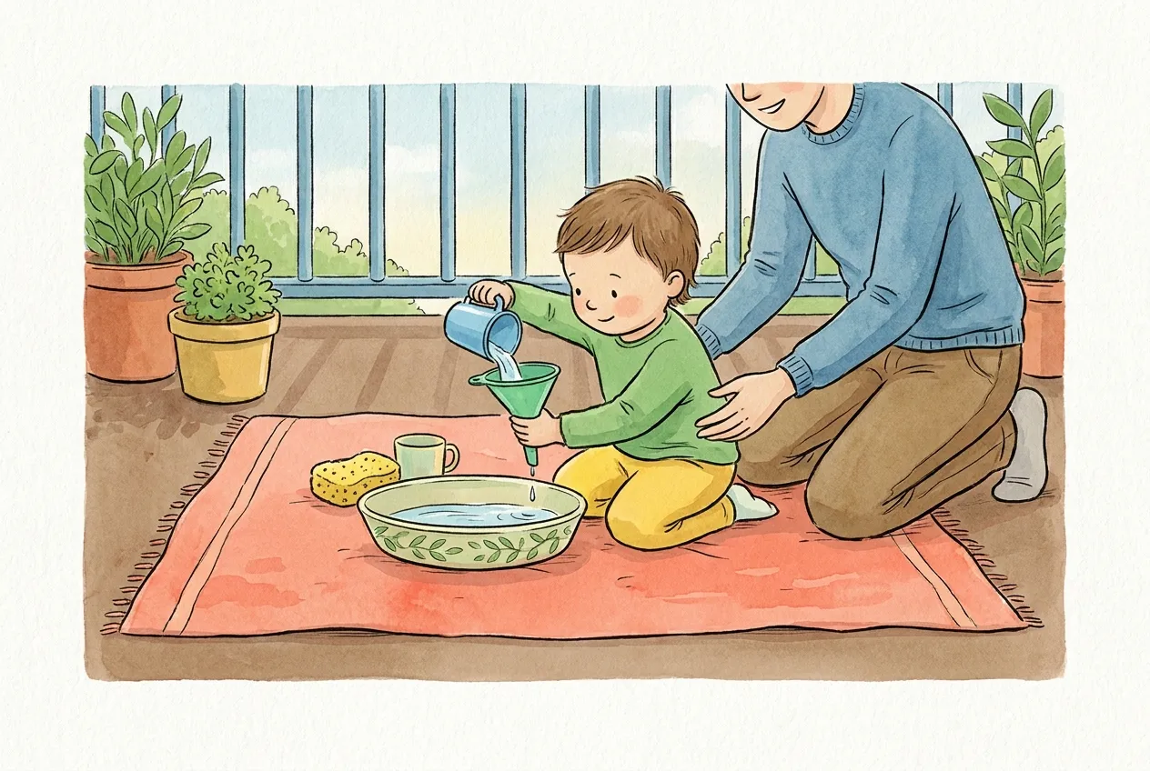 Ilustração em aguarela: numa varanda, uma criança pequena ajoelhada numa toalha deita água de um copo num funil, por cima de uma bacia com pouca água, com uma esponja e outro copo ao lado. Um adulto ajoelhado mesmo junto dela segura-a com a mão nas costas.
