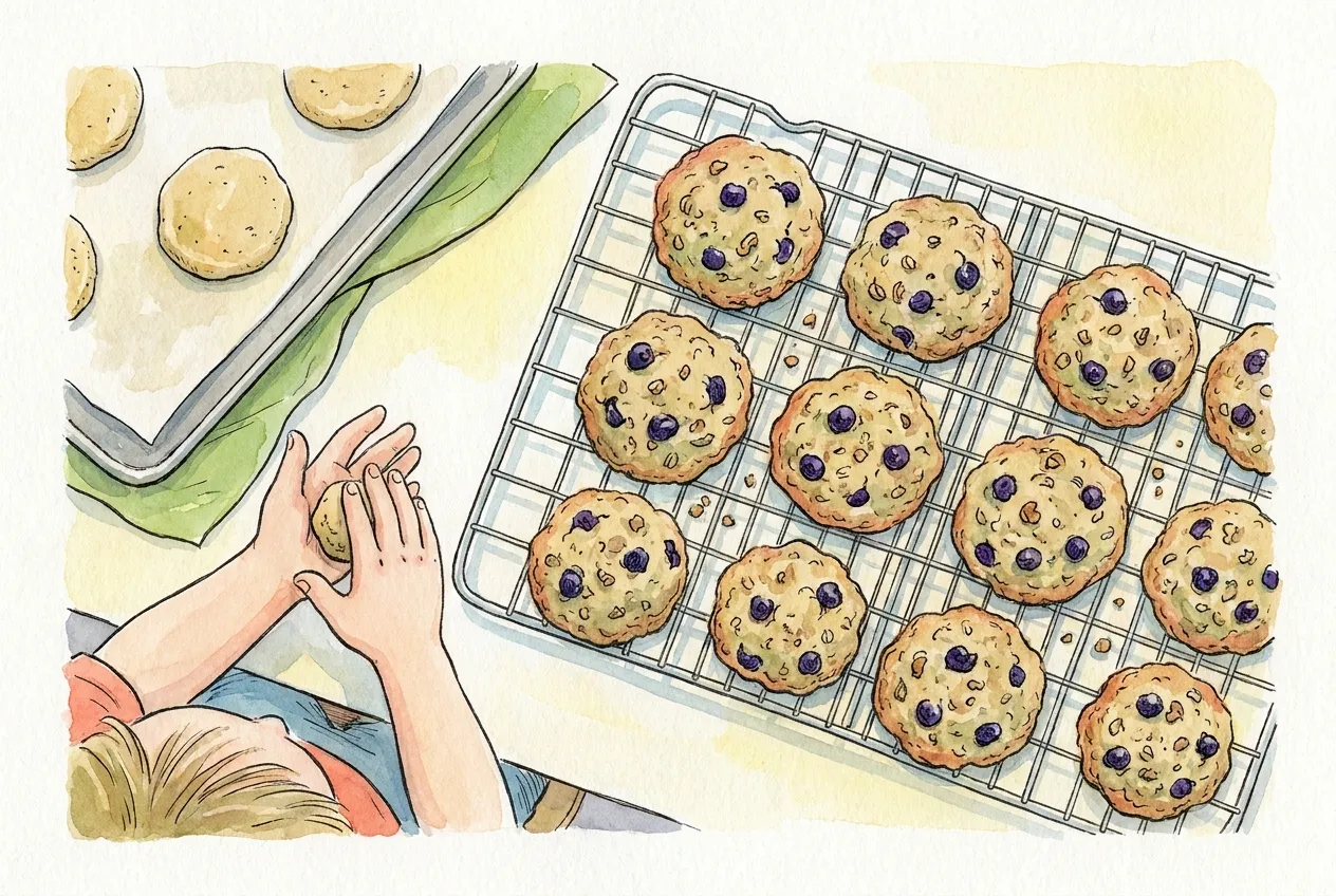 Ilustração em aguarela: biscoitos de aveia com mirtilos secos e noz picada a arrefecer numa grelha, enquanto as mãos de uma criança enrolam uma bolinha de massa junto a um tabuleiro com outras bolinhas achatadas.