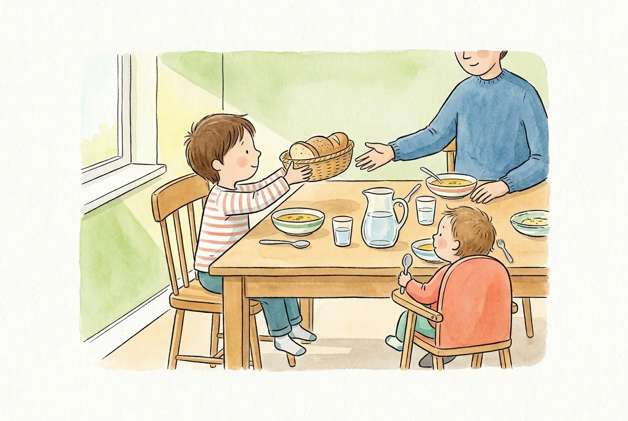 Ilustração em aguarela: um menino sentado à mesa da cozinha passa com as duas mãos um cesto de pão ao pai, que estende a mão para o receber. Ao lado, o irmão mais novo espera na cadeira de refeição, de colher na mão, diante das tigelas de sopa e de um jarro de água.