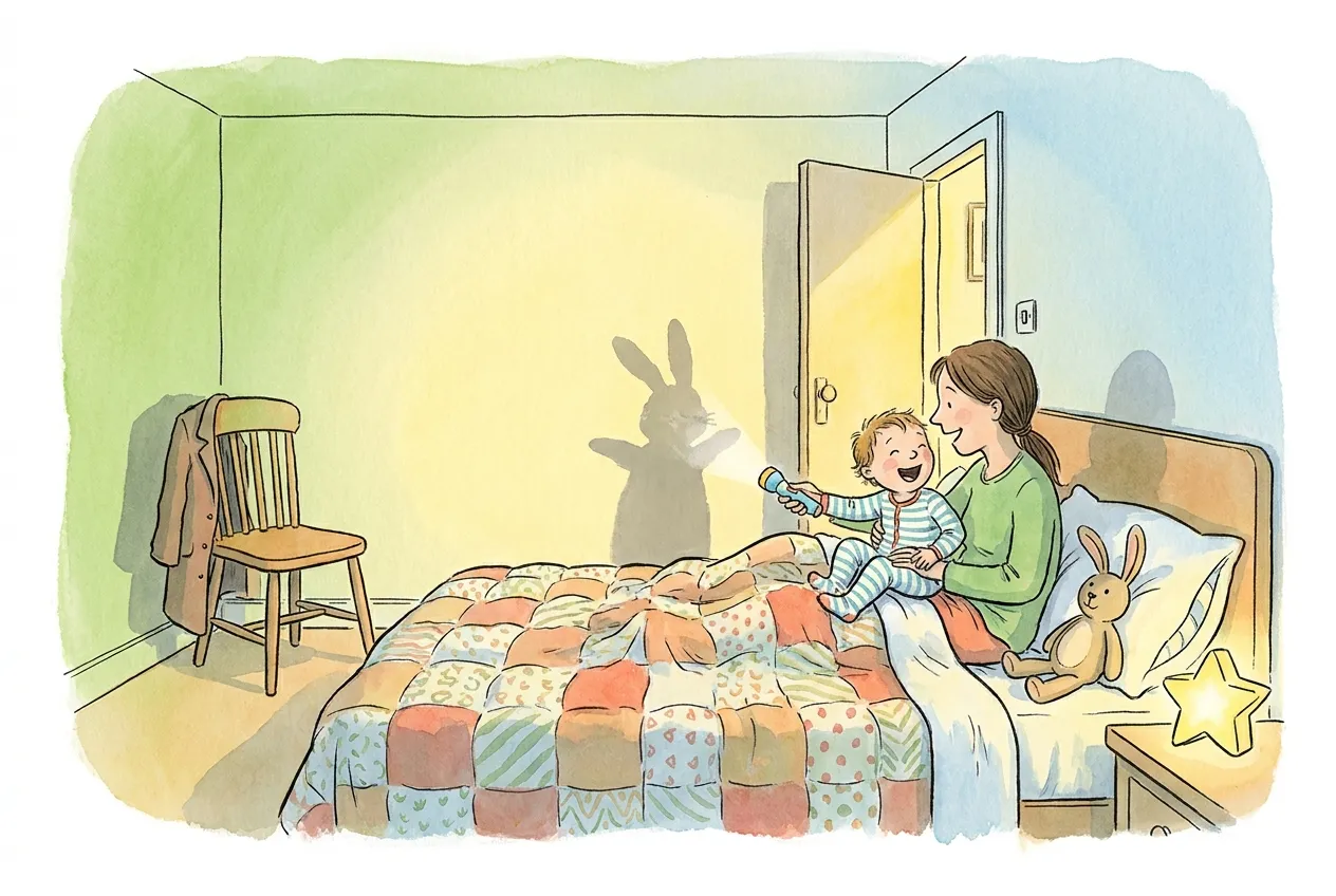 Ilustração em aguarela: no quarto, ao fim da tarde, uma criança de pijama sentada na cama ao colo da mãe aponta uma lanterna à parede, onde aparece a sombra de um coelho, e ri-se; na cadeira ao canto está pendurado um casaco, há um coelho de peluche na almofada, uma luz de presença em forma de estrela na mesa de cabeceira e a porta entreaberta.
