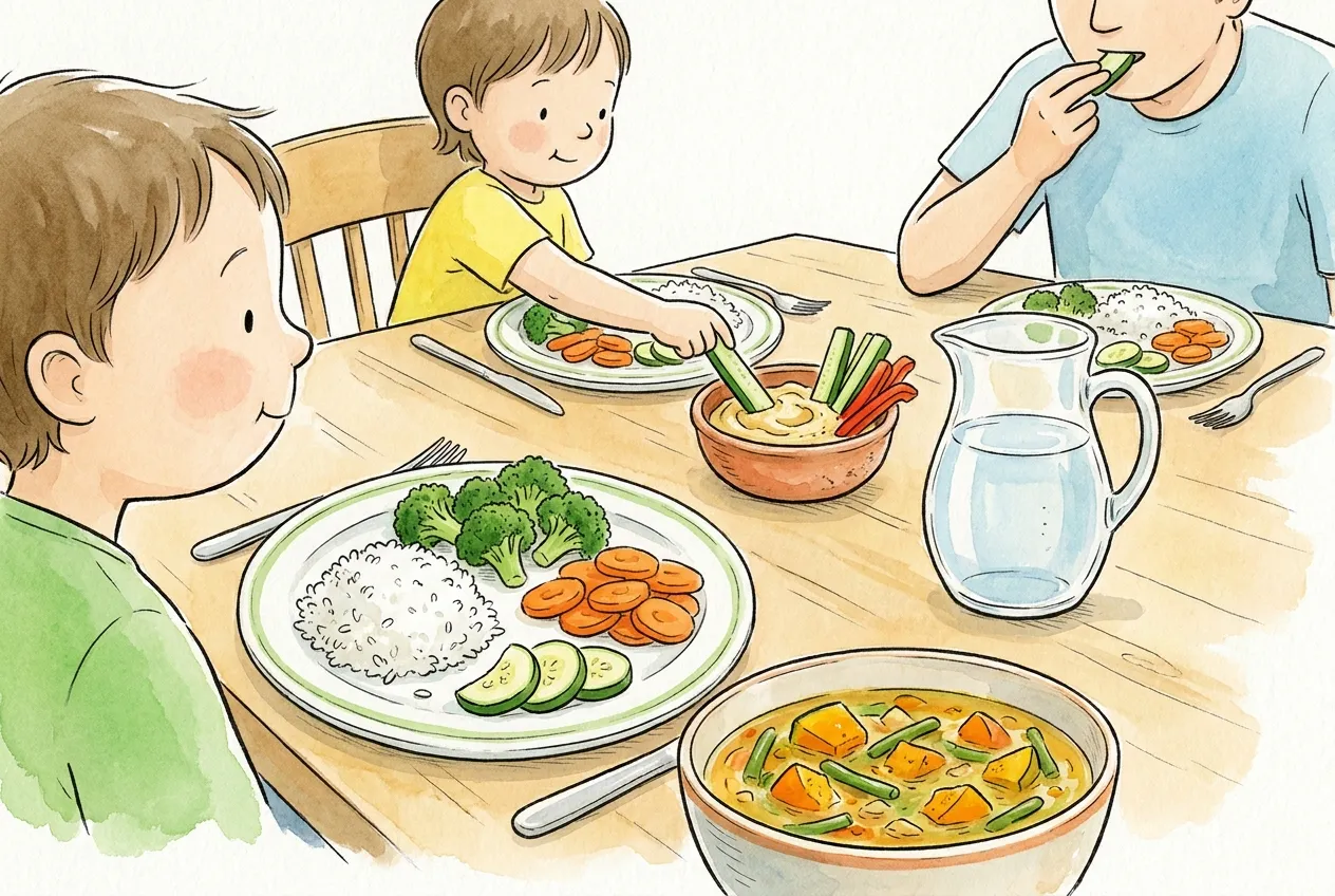 Ilustração em aguarela: um prato com arroz, brócolos, rodelas de cenoura cozida e de pepino, cada alimento no seu lugar sem se tocarem, diante de uma sopa de legumes com abóbora e feijão-verde. Ao centro da mesa, uma criança molha um palito de pepino numa taça de húmus com palitos de pimento vermelho, perto de um jarro de água.