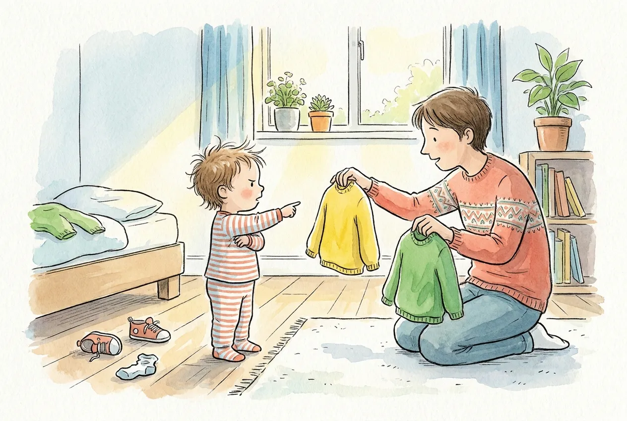 Ilustração em aguarela: um menino pequeno de pijama às riscas, de braço cruzado e ar decidido, aponta para uma de duas camisolas, uma amarela e outra verde, que o pai lhe mostra de joelhos no quarto.