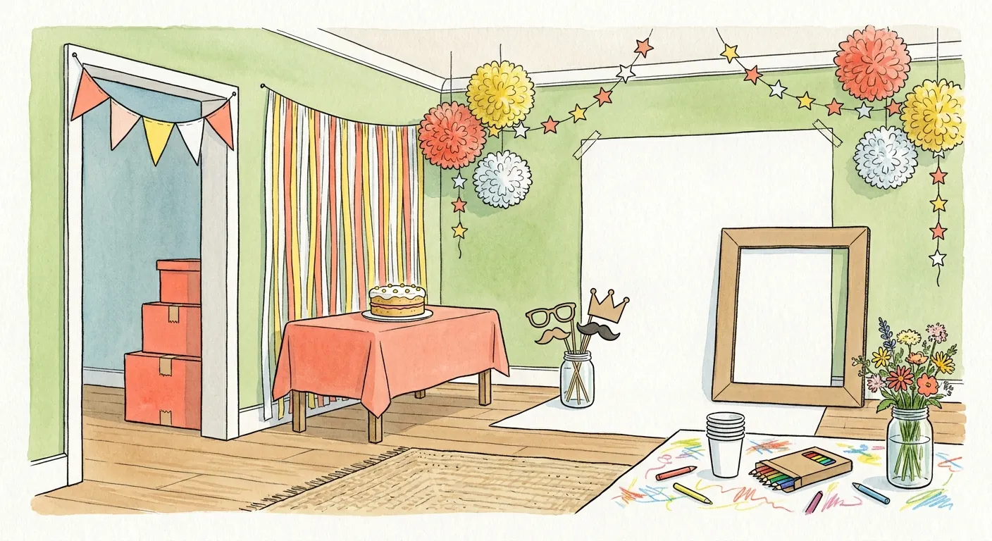 Ilustração em aguarela: sala decorada para festa infantil em coral, amarelo e branco, sem pessoas, com bandeirolas e caixas pintadas de coral à entrada, uma mesa de toalha coral com um bolo diante de uma cortina de tiras de papel, uma parede de fotografias com papel de cenário e uma moldura grande de cartão, acessórios de óculos, bigode e coroa em paus num frasco, pompons de papel de seda e grinaldas de estrelas no teto, e uma mesa com toalha de papel rabiscada, copos, lápis de cor e um frasco de flores.
