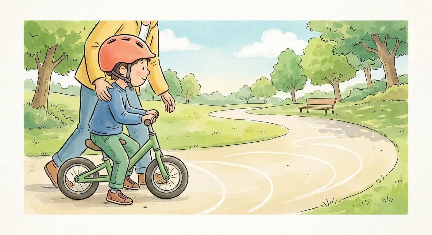 Ilustração em aguarela: num caminho plano de parque, longe do trânsito, uma criança de capacete com a fivela apertada sob o queixo está sentada numa bicicleta sem pedais com o selim baixo e os dois pés assentes no chão, enquanto um adulto caminha ao lado com a mão no ombro dela; à frente há curvas largas desenhadas a giz.
