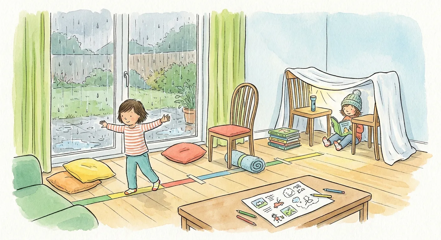 Ilustração em aguarela: sala num dia de chuva com um percurso de obstáculos — almofadas, uma cadeira e uma linha de fita-cola colorida no chão onde uma criança anda em equilíbrio — e, ao canto, uma cabana de lençol sobre duas cadeiras onde outra criança lê com uma lanterna; na mesa, o plano do dia desenhado e lápis de cor.