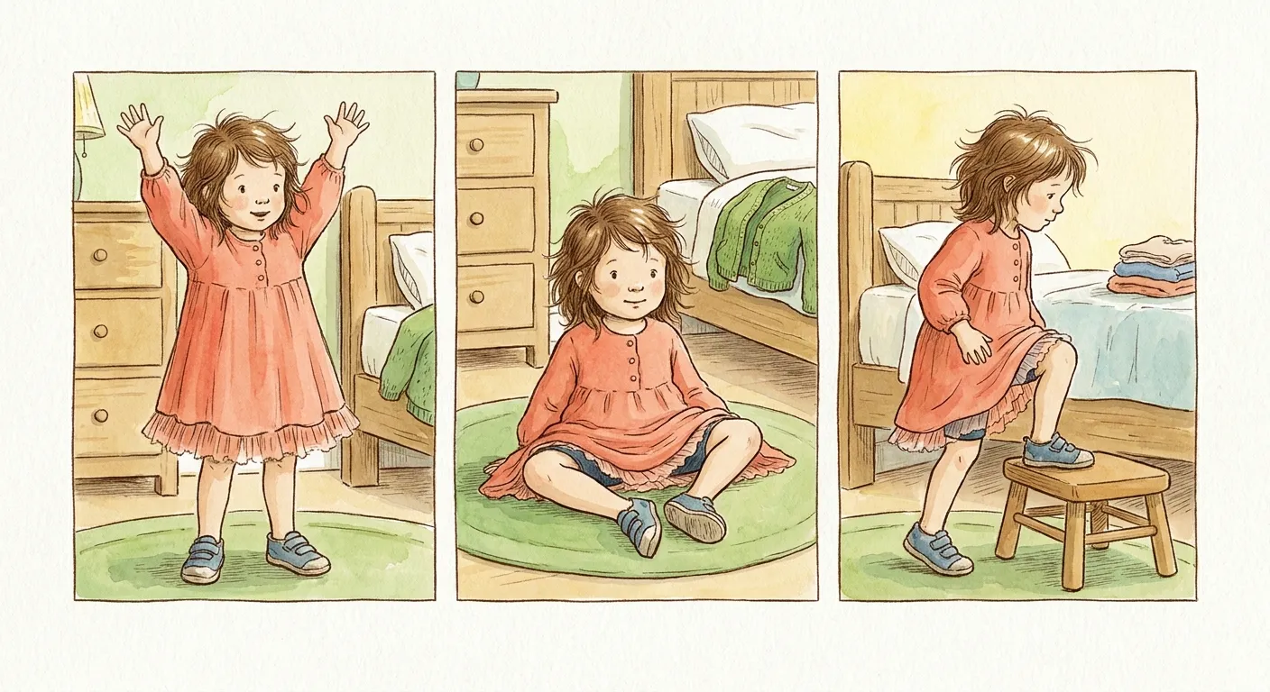Ilustração em aguarela em três quadros: a mesma menina de vestido de algodão cor de coral, com folho de tule na bainha e sapatos de velcro, levanta os braços sem o vestido subir, senta-se de pernas cruzadas no chão com calções por baixo e sobe a um banquinho sem pisar a bainha; na cama, um casaco de malha verde e roupa dobrada para trocar.