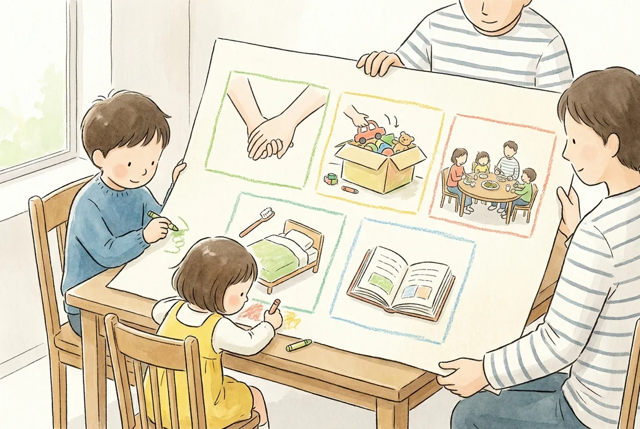 Ilustração em aguarela: à mesa de jantar, dois adultos seguram uma grande folha onde duas crianças desenham e pintam com lápis de cera o quadro de regras da casa, feito só de imagens: mãos dadas, brinquedos a entrar numa caixa, a família à mesa, uma cama com uma escova de dentes e um livro aberto.
