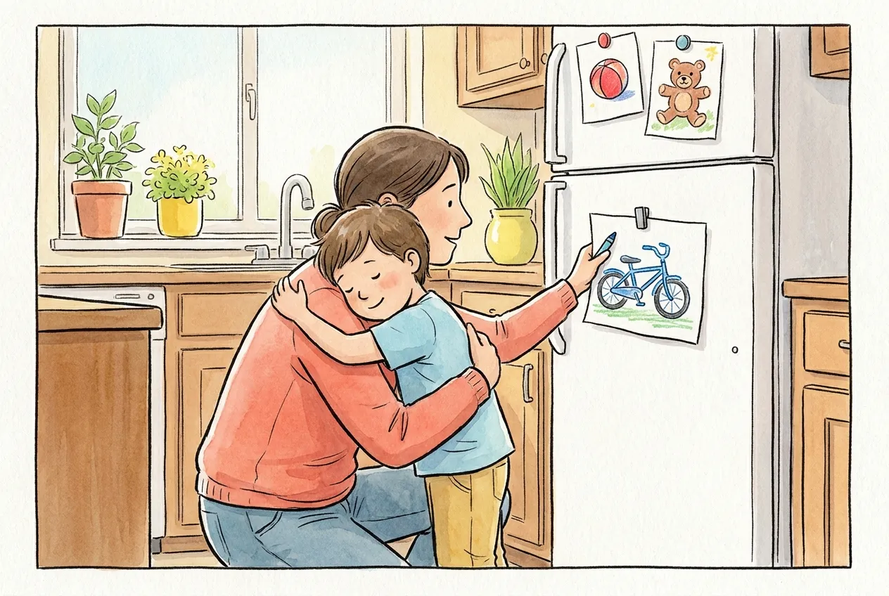 Ilustração em aguarela: na cozinha, uma mãe ajoelhada abraça o filho e, com a outra mão, prende na porta do frigorífico o desenho de uma bicicleta azul, junto aos desenhos de uma bola e de um urso de peluche.