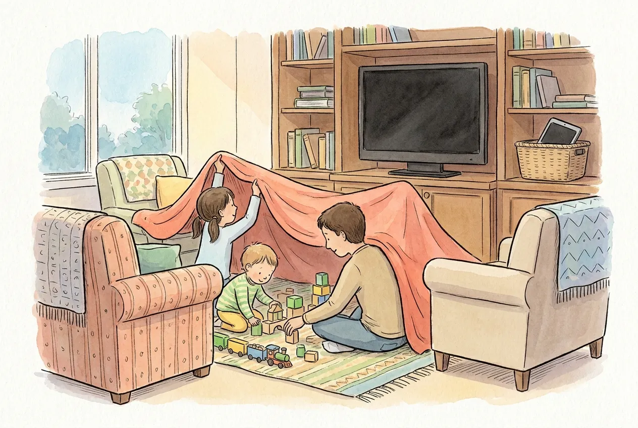 Ilustração em aguarela: numa sala com a televisão desligada e o tablet guardado num cesto na estante, o pai e duas crianças brincam no tapete com blocos de madeira e um comboio, debaixo de uma cabana feita com uma manta laranja.