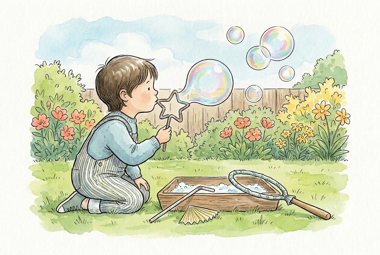 Ilustração em aguarela: uma criança ajoelhada na relva sopra bolhas de sabão por um aro de limpa-cachimbos em forma de estrela; ao lado, um tabuleiro com a mistura, uma palhinha cortada em leque e um aro grande de arame com cabo de madeira.