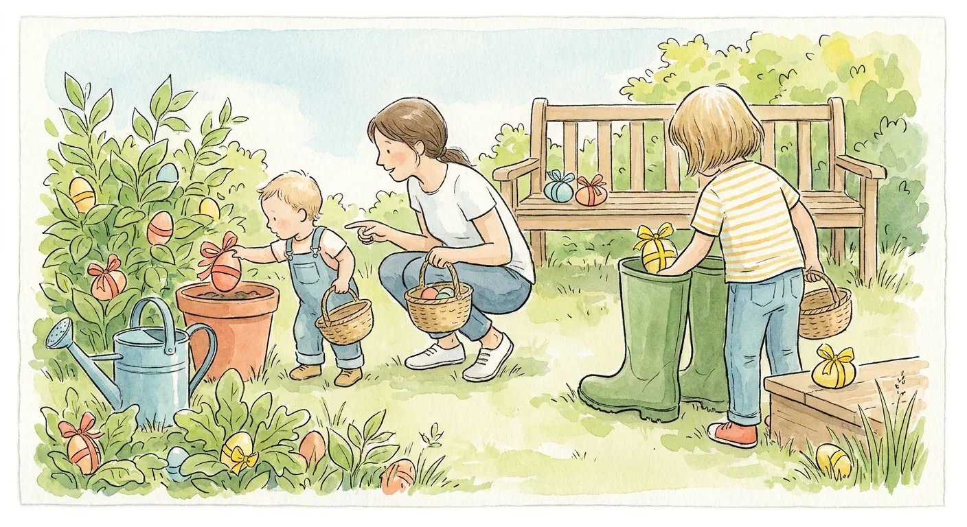 Ilustração em aguarela: caça aos ovos num jardim de primavera; uma criança pequena com um cesto encontra um ovo com fita vermelha junto a um vaso de barro, enquanto um adulto agachado aponta, e uma criança mais velha tira um ovo com fita amarela de dentro de uma bota de borracha. Há mais ovos com fitas vermelhas e amarelas escondidos no arbusto, junto ao regador, no banco de jardim e num degrau baixo.