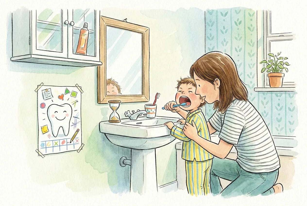 Ilustração em aguarela: uma mãe ajoelhada ampara por trás um menino de pijama às riscas que escova os dentes de boca bem aberta diante do lavatório, com uma ampulheta e um copo com escova na borda; o tubo de pasta está num armário de vidro alto, fora do alcance da criança, e na parede há um quadro desenhado com um dente sorridente e quadrados coloridos.