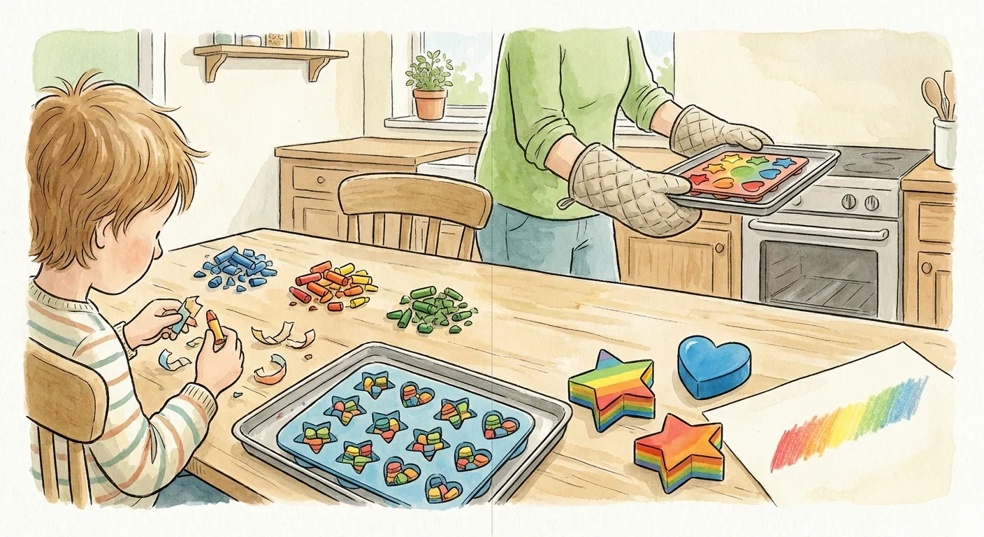Ilustração em aguarela: uma criança tira o papel a restos de lápis de cera separados por cores, à frente de uma forma de silicone com estrelas e corações cheios de pedaços; ao fundo, junto ao forno, um adulto com luvas segura o tabuleiro com a cera derretida, e em primeiro plano há lápis novos em estrela às riscas de arco-íris e um coração azul.