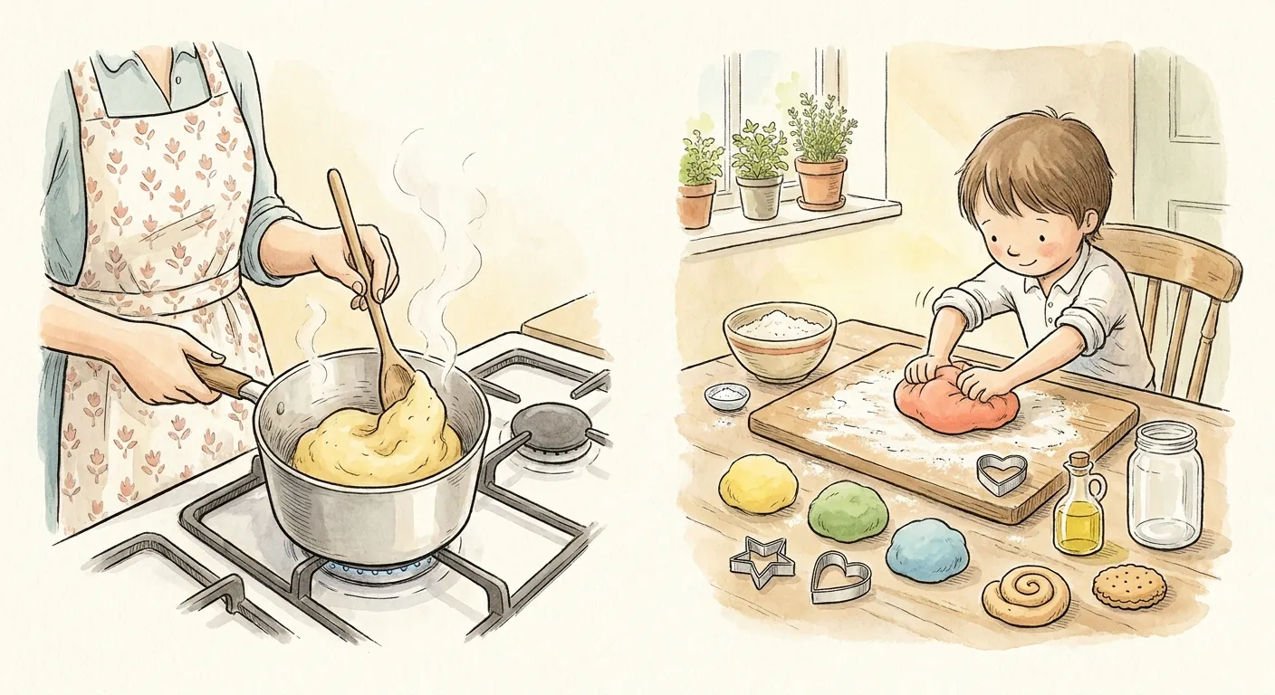 Ilustração em aguarela: à esquerda, um adulto mexe com colher de pau a massa espessa da plasticina num tacho ao lume; à direita, longe do fogão, uma criança amassa uma bola cor de coral numa tábua enfarinhada, com bolas amarela, verde e azul, formas de estrela e coração, farinha, sal, óleo e um frasco vazio para guardar.