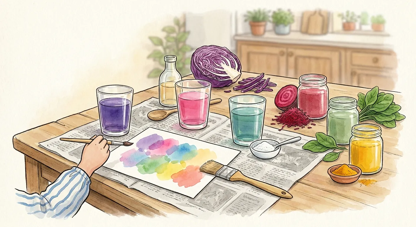Ilustração em aguarela: mesa forrada com jornal com três copos de água de couve-roxa — roxa, cor-de-rosa ao lado do vinagre e azul-esverdeada junto ao bicarbonato — e frascos de tinta de beterraba, espinafres e açafrão-da-índia ao lado dos ingredientes, enquanto uma criança de bata pinta manchas de todas as cores numa cartolina.