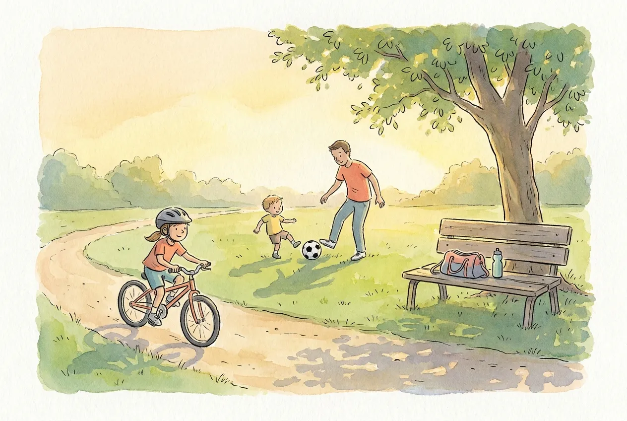Ilustração em aguarela: num parque ao fim da tarde, uma menina de capacete anda de bicicleta num caminho plano, enquanto um pai e um menino mais pequeno passam uma bola de futebol pela relva; num banco à sombra de uma árvore estão um saco de desporto e uma garrafa de água.