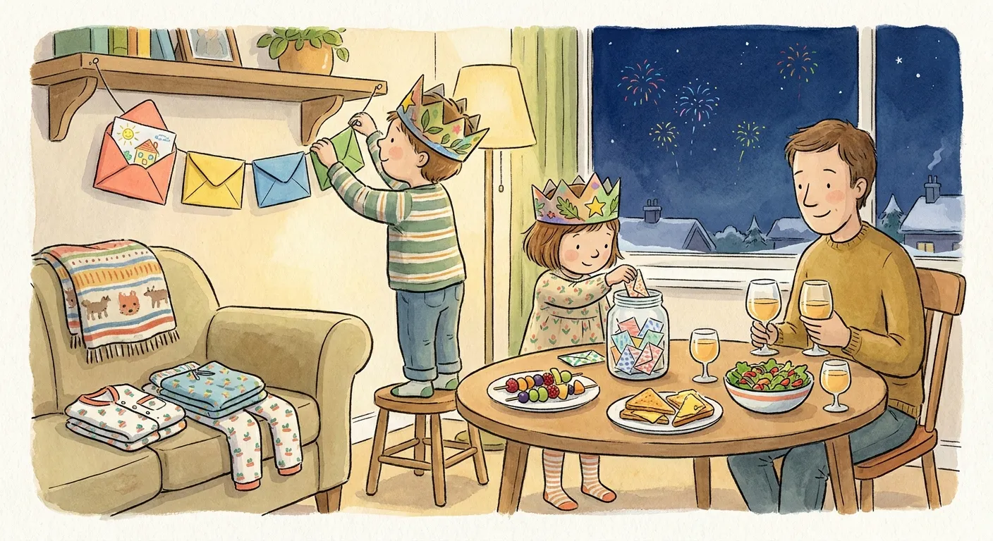 Ilustração em aguarela: noite de passagem de ano em casa; um menino com coroa de cartolina pendura uma fiada de envelopes coloridos numa prateleira, um deles aberto com um desenho dentro, e uma menina de coroa mete um papel dobrado num frasco cheio de memórias; à mesa, espetadas de fruta, tostas com queijo, uma salada e sumo em taças iguais às do adulto, pijamas dobrados no sofá e fogo de artifício ao longe, visto pela janela.